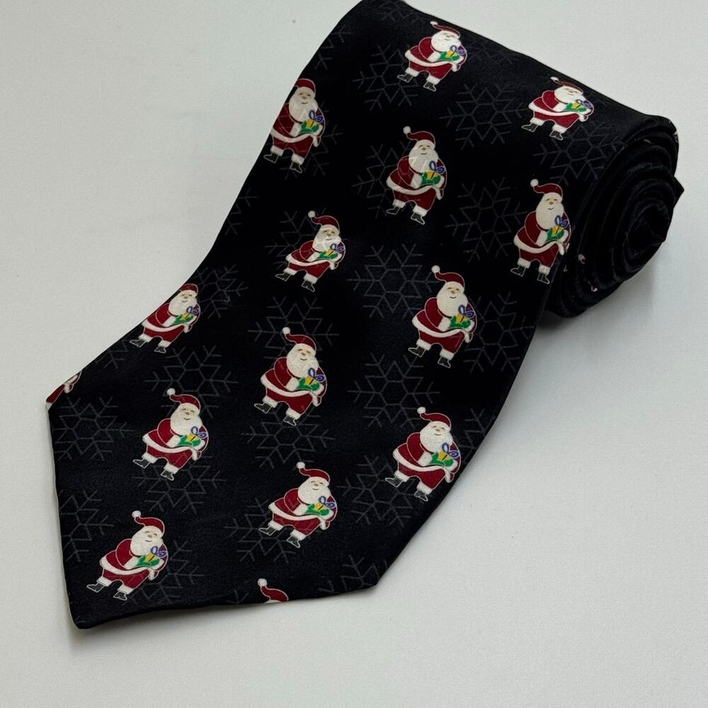 FN Hand Sewn Silk Christmas Black Tie Santa Snowflakes Holiday